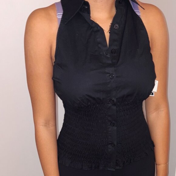 Vintage Black Y2K Collared Halter Neck Tank Top Sleeveless Button Down - Picture 1 of 1